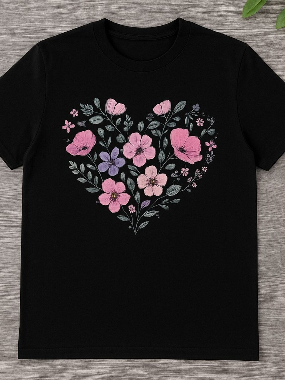 Women Vintage Floral Heart Graphic T-Shirt Pink Flowers